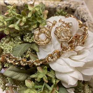 Vintage Barkley bracelet & screw back earrings set - faux pearl & gold metal